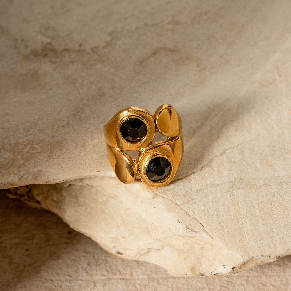 18K Gold Plated Light Luxury Stainless Steel Asymmetric Design Inlaid Zircon Ring For Women Finger Jewelry collares para mujer