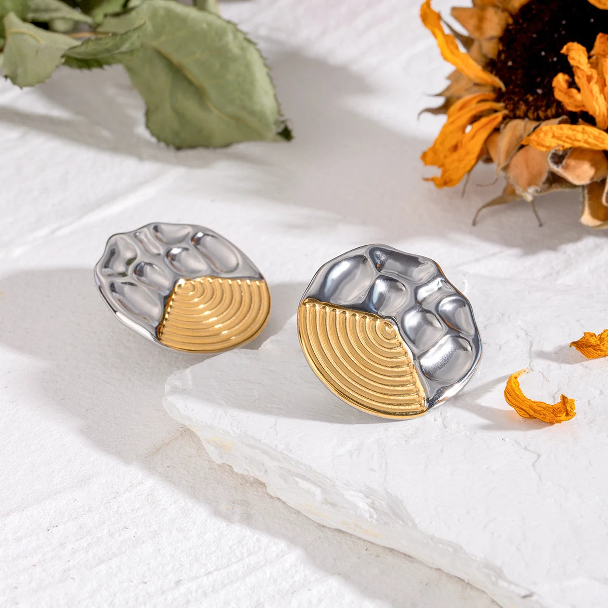 18k Gold Plated Vintage Threaded Concave Convex Irregular Earrings Stainless Steel Women Exquisite Jewelry Bijoux Femme