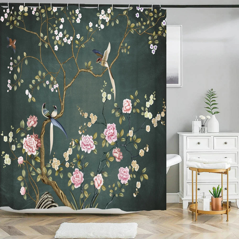 Chinese style Flowers and Birds Waterproof Shower Curtain Set Toilet Seat Cover Bath Non-Slip Mat Rug Carpet Bathroom Decor