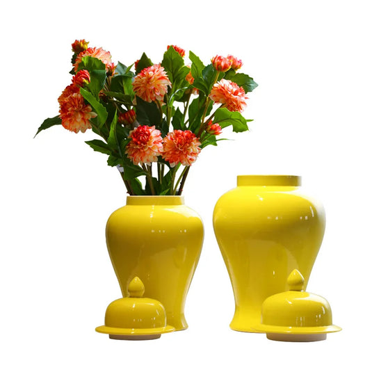 Yellow Ceramic General Jar Chinese Decorative Ginger Jar Vase Flower Arrangement with Lid Storage Tank Home Decoration