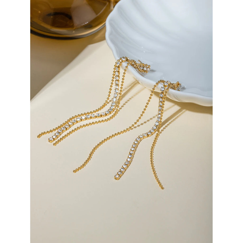 Anti-allergische 18K goud vergulde kwast metalen ketting hangende druppel strass oorbellen roestvrij staal delicaat sieraden voor vrouwen