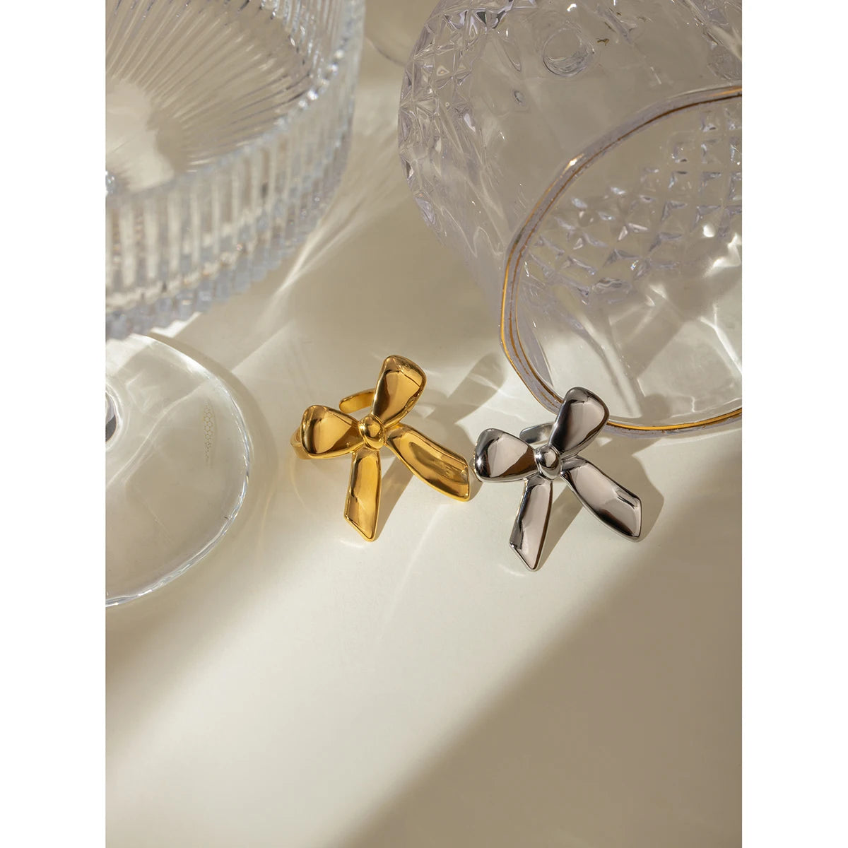 18K PVD Plated Trendy Stainless Steel Delicate Smooth Bowknot Opening RingCharm Jewelry Waterproof for Women Gala Gift