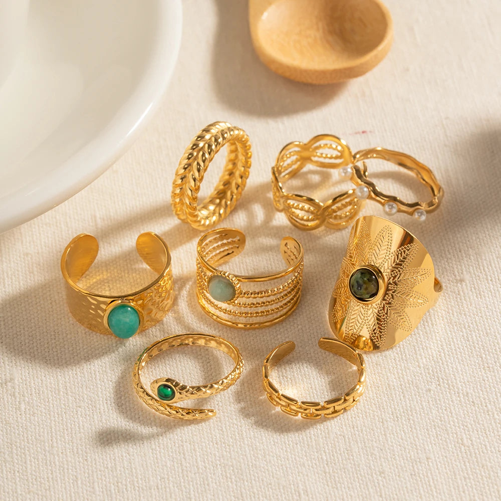 Vintage Classic Natural Stone Open Ring Set For Women Ladies Gold Color Stainless Steel Adjustable Jewelry Gift Anillos Mujer