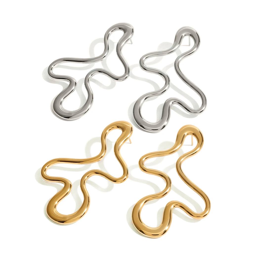 18K Gold Plated Statement Irregular Line Hollow Earrings Women Stainless Steel Minimalist Metal Rust Proof Stylish Jewelry