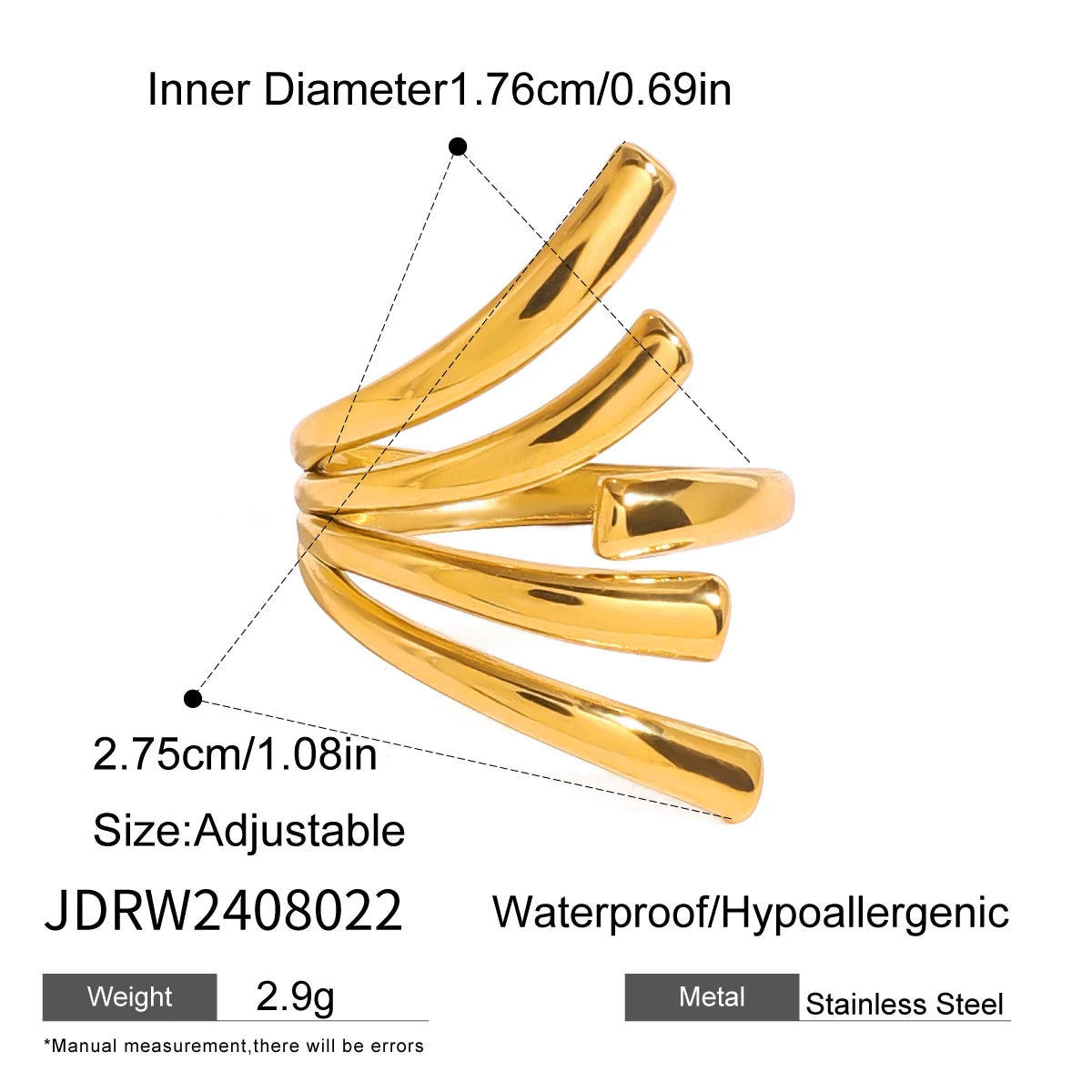 18K vergoldeter Edelstahl asymmetrischer unregelmäßiger Linien offener Ring täglicher Damenschmuck mit Metallstruktur trendiger Charme Bijoux