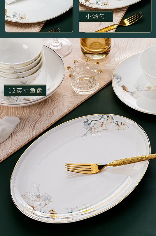 Jingdezhen Chinese style household ceramic bowls, plates, sets, boxes, bone china tableware, bowls, chopsticks, sets, porcelain