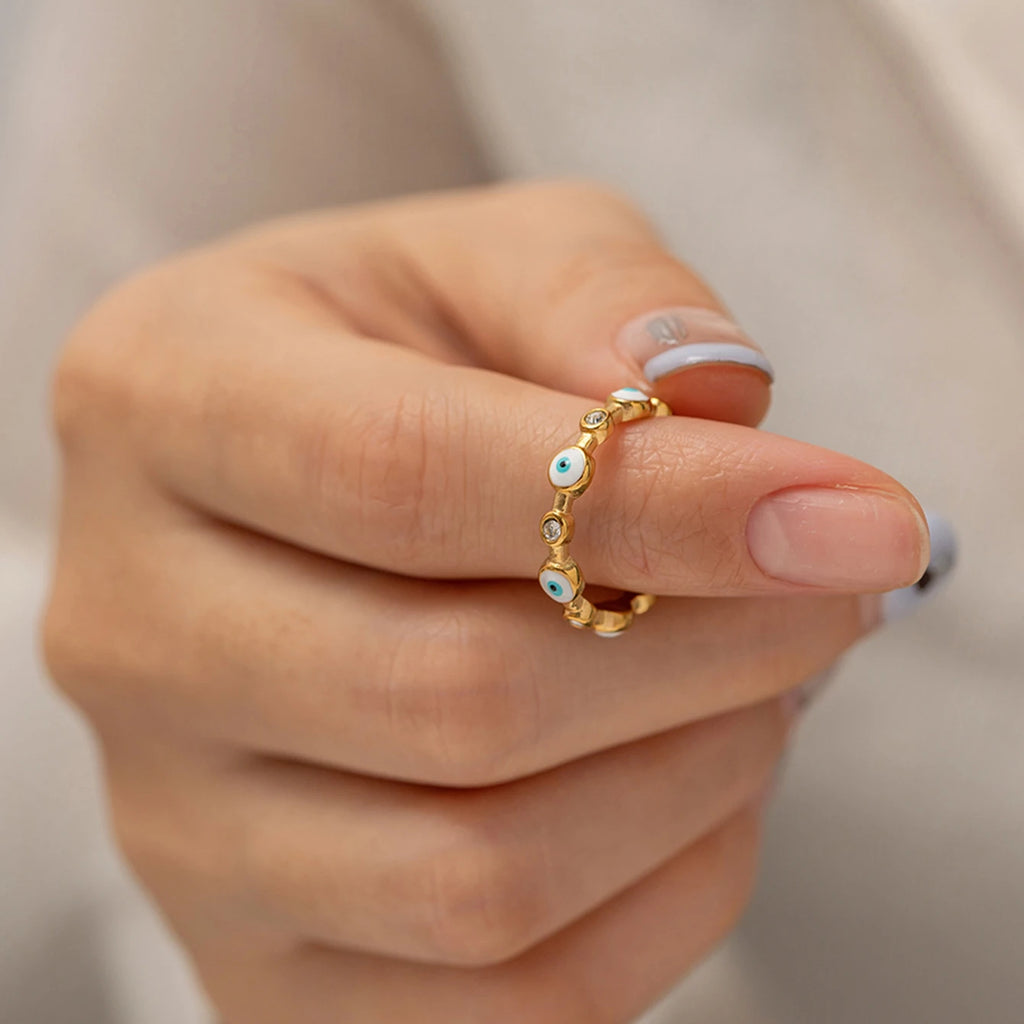 2024 Delicate Bling Stainless Steel The Devil's Eye Design Opening Fashion Ring Gold Color Texture Trend Jewelry for Women - Grand Goldman