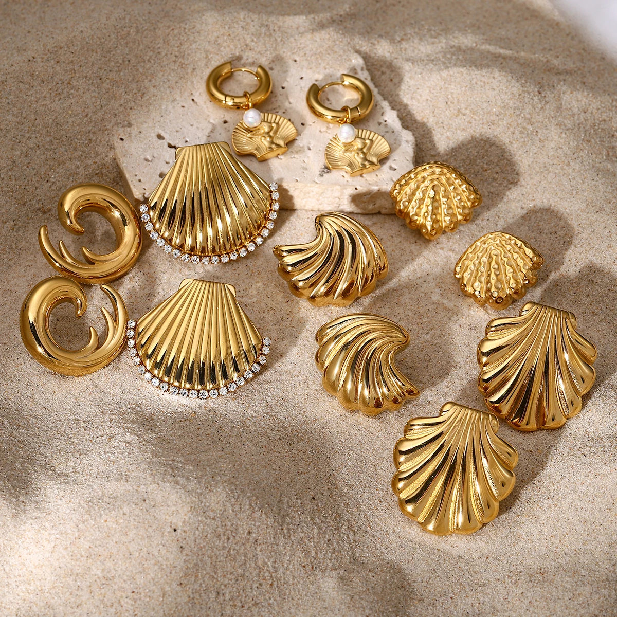 18K Gold Plated Summer Sea Ocean Shell Vortex Series Vintage Stud Earrings Stainless Steel Statement Waterproof Jewelry Women