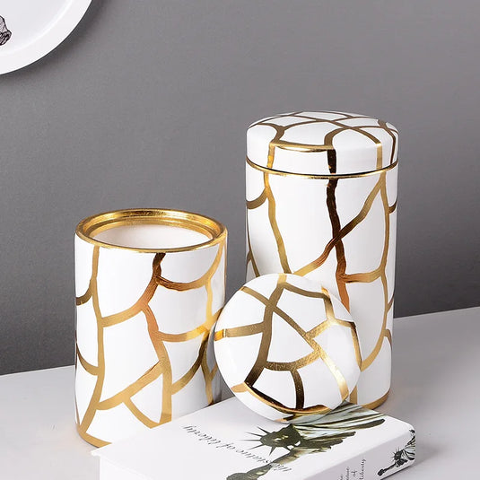 Porcelain Storage Tank Vase Ceramic Ginger Jar Golden Thread Stripes Desktop Organizer Home Decor Accessories Vintage Bottle