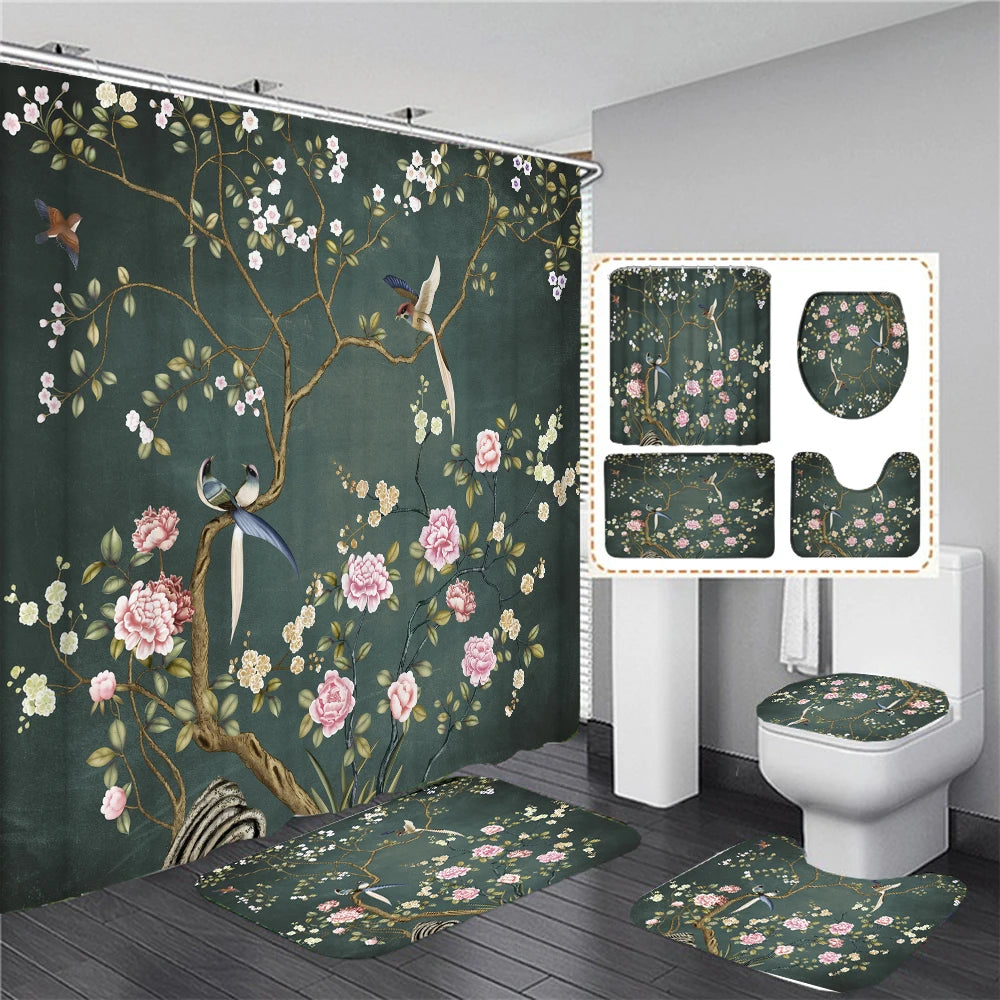 Chinese style Flowers and Birds Waterproof Shower Curtain Set Toilet Seat Cover Bath Non-Slip Mat Rug Carpet Bathroom Decor