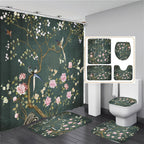 Chinese style Flowers and Birds Waterproof Shower Curtain Set Toilet Seat Cover Bath Non-Slip Mat Rug Carpet Bathroom Decor