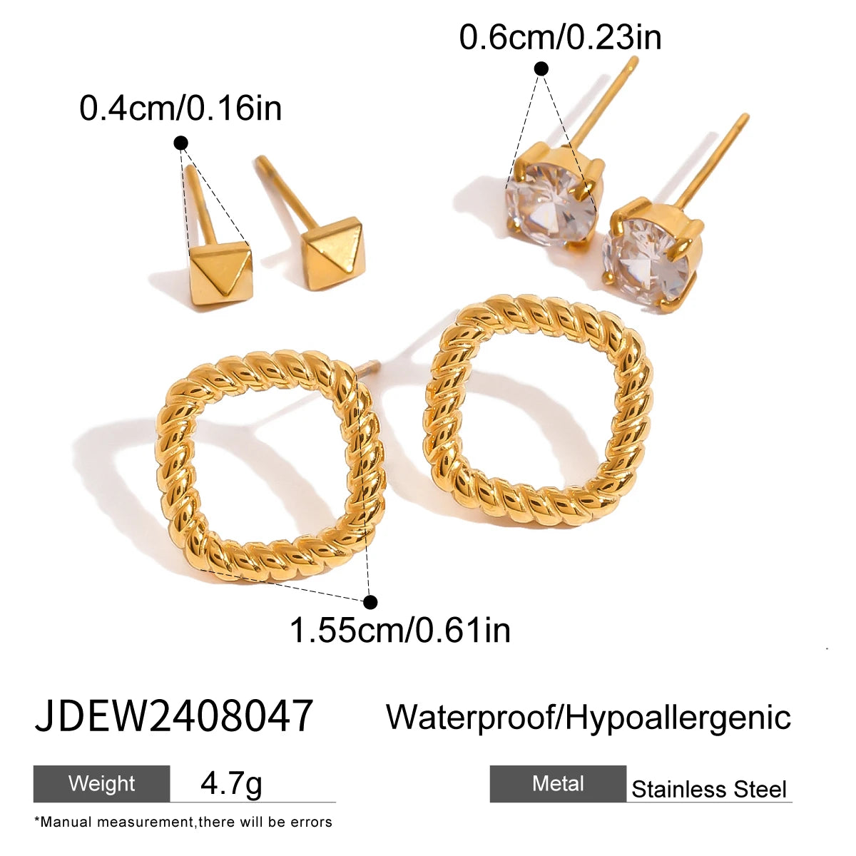 Trendy 18k Stainless Steel Vintage Square White Zircon Hollow Earrings Women Statement Charm Texture Rust Proof Trendy Jewelry