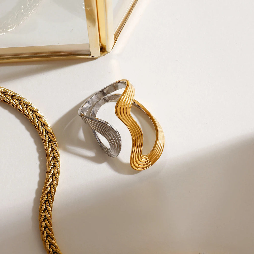 Gold Silber Farblich Passender Gewindering Unregelmäßiger Offener Ring 18K PVD Beschichtet Damen Anti-Allergisch Metall Charm Täglicher Schmuck