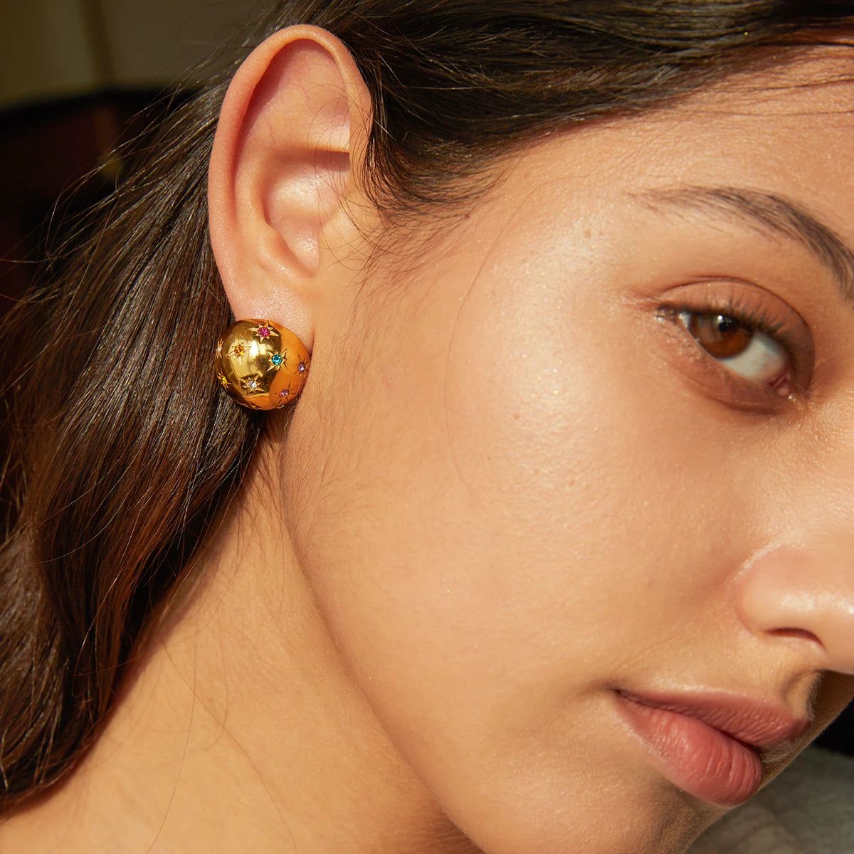 18k forgyldte delikat rustfrit stål stjernehalvkugle øreringe Indlæg Rhinestone Light Hyggelig Rustfast Bijoux Femme Gallagave