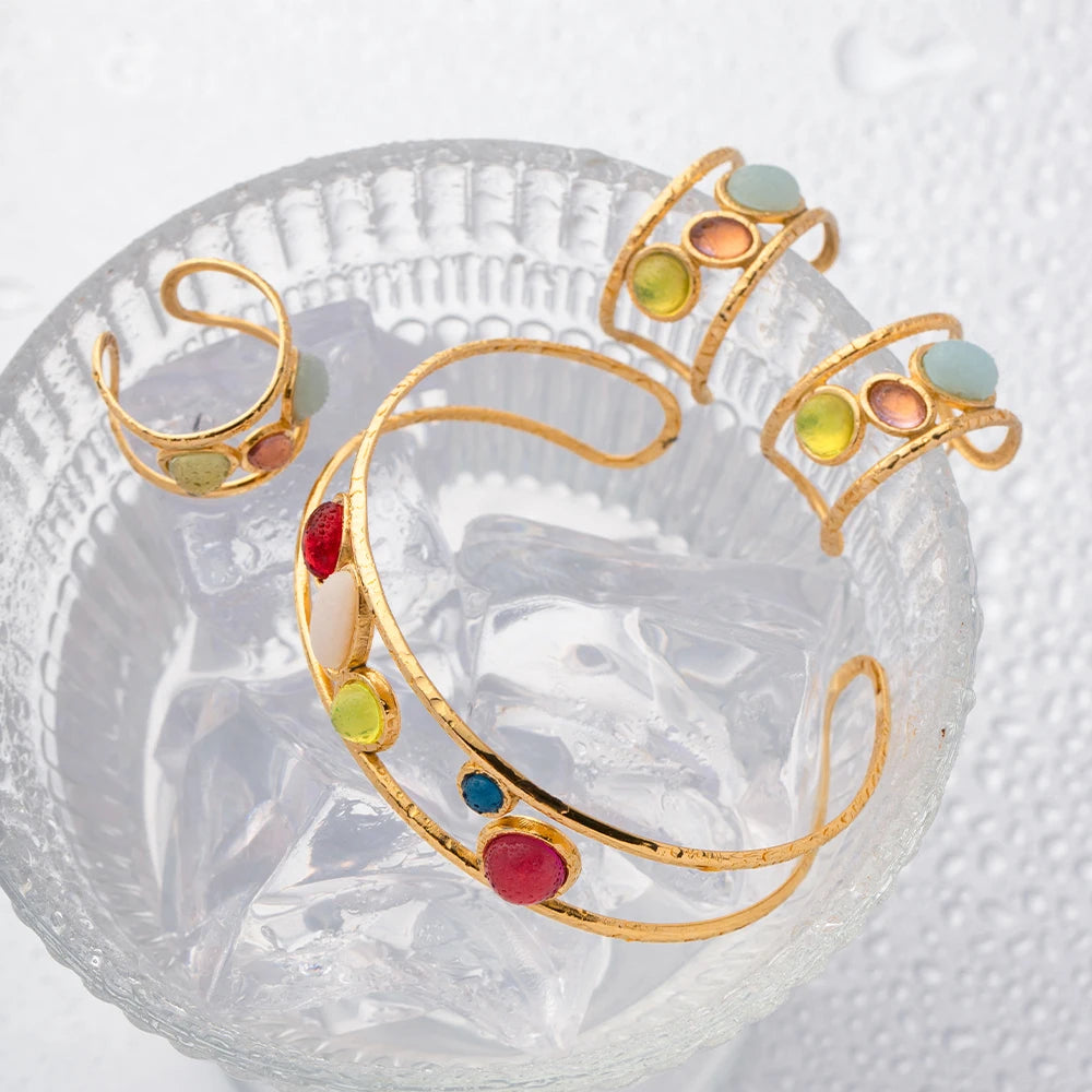 Rustfrit stål Vandtæt 18K forgyldt spansk nichedesign/øreringe/armbåndssæt Luksus Moranti Treasure Glas smykkesæt