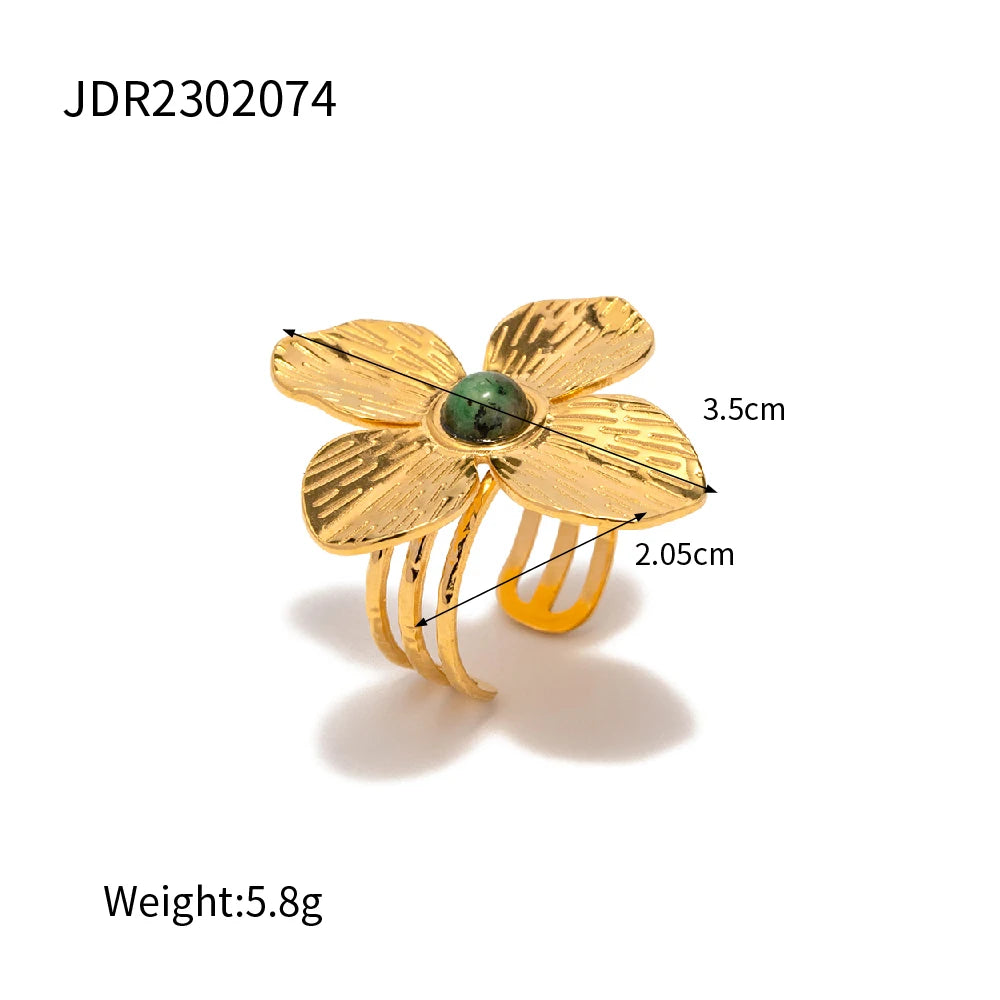 Stainless Steel Exaggerated Flower Bracelet Earrings Rings Set Waterproof 18K Gold PVD Plated For Women Fashion Jewelry Set - Grand Goldman