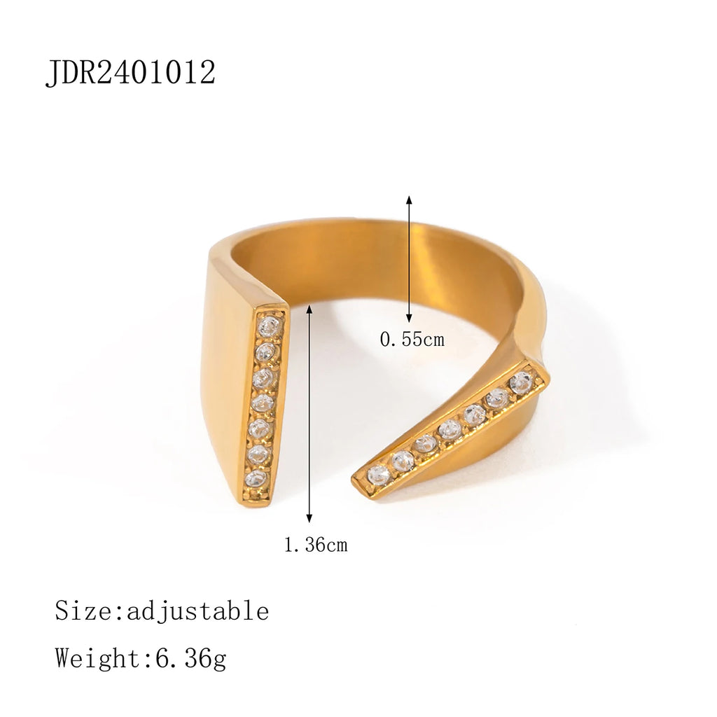 18k Gold Plated Stainless Steel Minimalist Asymmetric Opening Ring Inlay Rhinestone Prevent Allergy Trendy Charm Jewelry