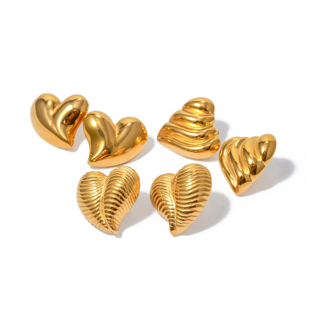 クリエイティブ 18K ゴールドメッキ ステンレススチール シック ファッション リブデザイン ラブハート ピアス インレイ ダイヤモンド チャーム エレガント ジュエリー