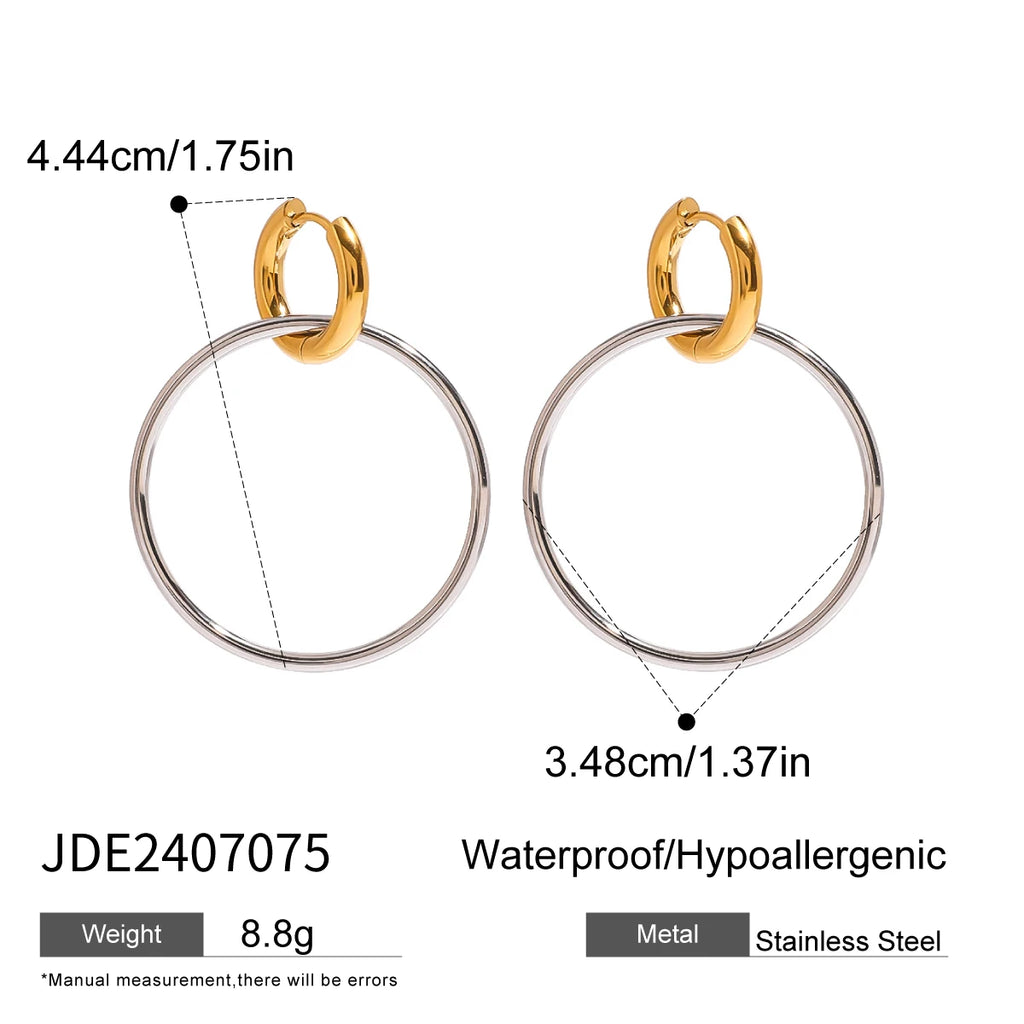 18K PVD Plated Metal Texture Circle Silver with Gold Large Steel Hoop Earrings Stainless Steel Women Prevent Allergy Jewelry