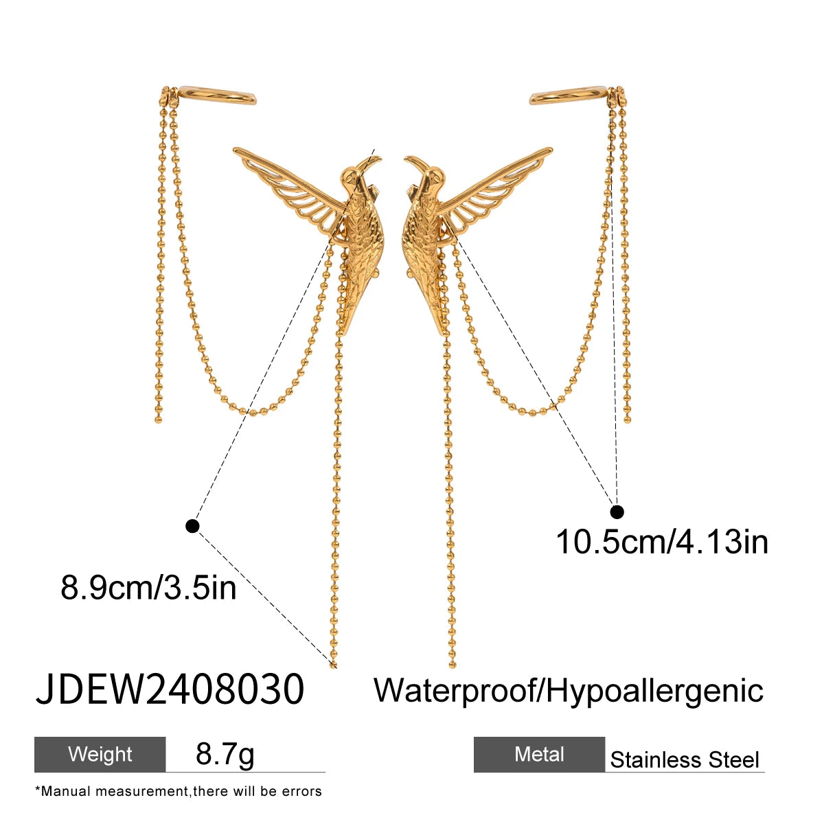 18K forgyldt rustfrit stål Peace Dove Wings White Rhinestone Tassel Øreclips Kvinder Charms Vandtæt Smykker Gala Gave