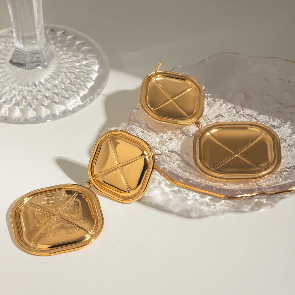 18K forgyldt rustfrit stål Glat brød Firkantede Buttede Øreringe Kvinder Charms Metal Tekstur Vandtæt Smykker Gala Gave