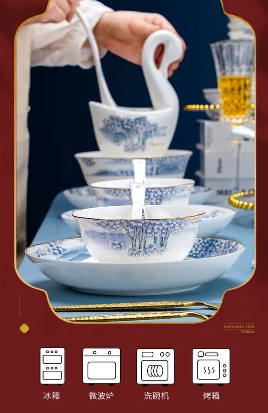 Jingdezhen Ceramic Bowls, Dishes and Dishes Full Set of Porcelain Bowls, Blue and white porcelain Bone Porcelain Tableware Set