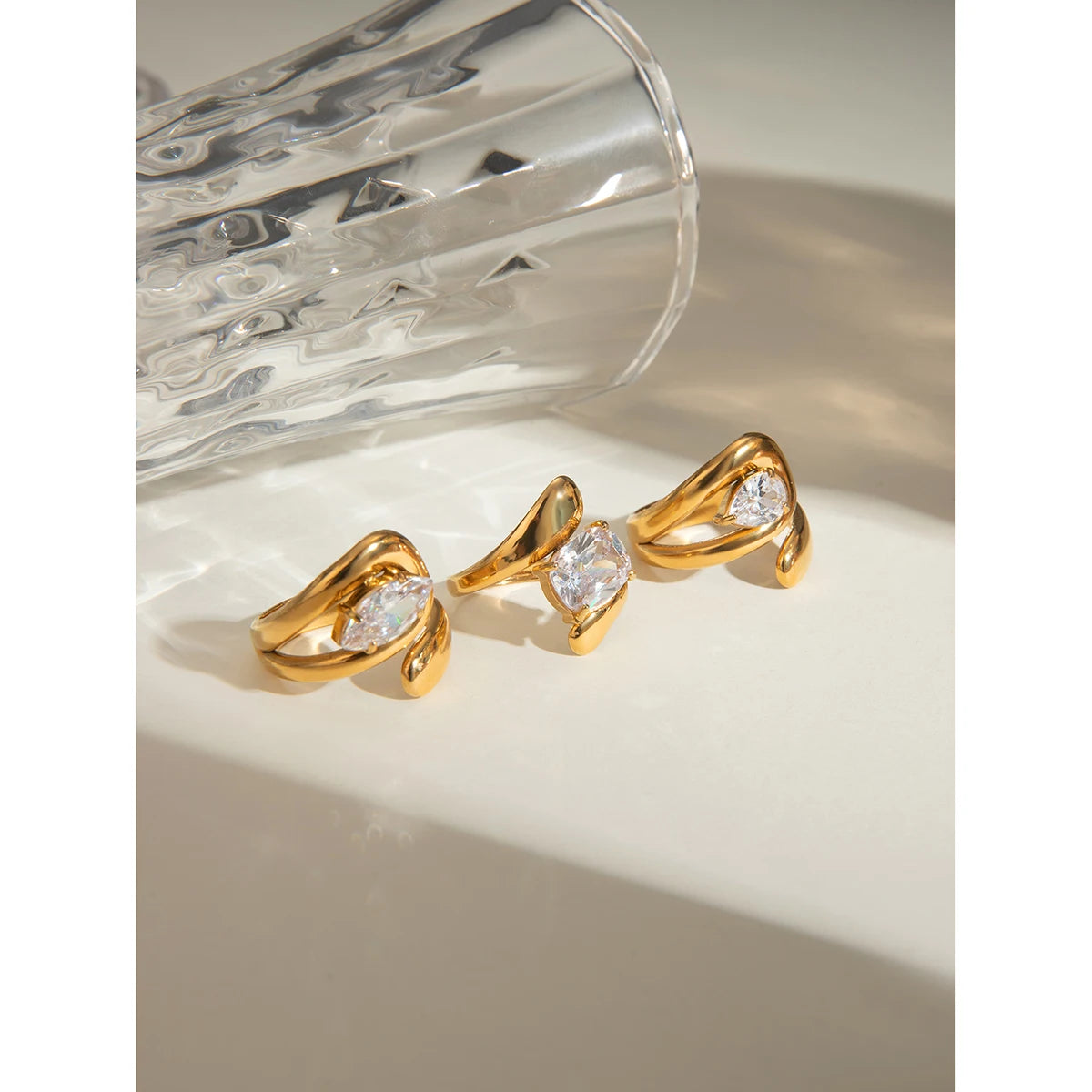 18K Gold Plated Stainless Steel Water Drop Shaped Large Zircon Opening Ring Anti Allergic Women Waterproof Statement Jewelry