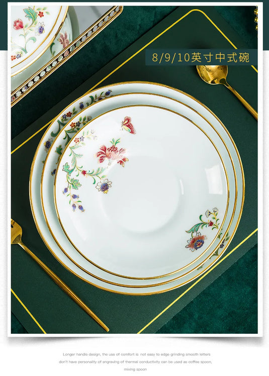 Ensemble de vaisselle de 68 pièces Ensemble de bols et plats Ensemble de 68 pièces Processus de dorure Floral Papillon Double Oreille Pot Assiette Cuillère Tasse à ragoût Ensemble combiné