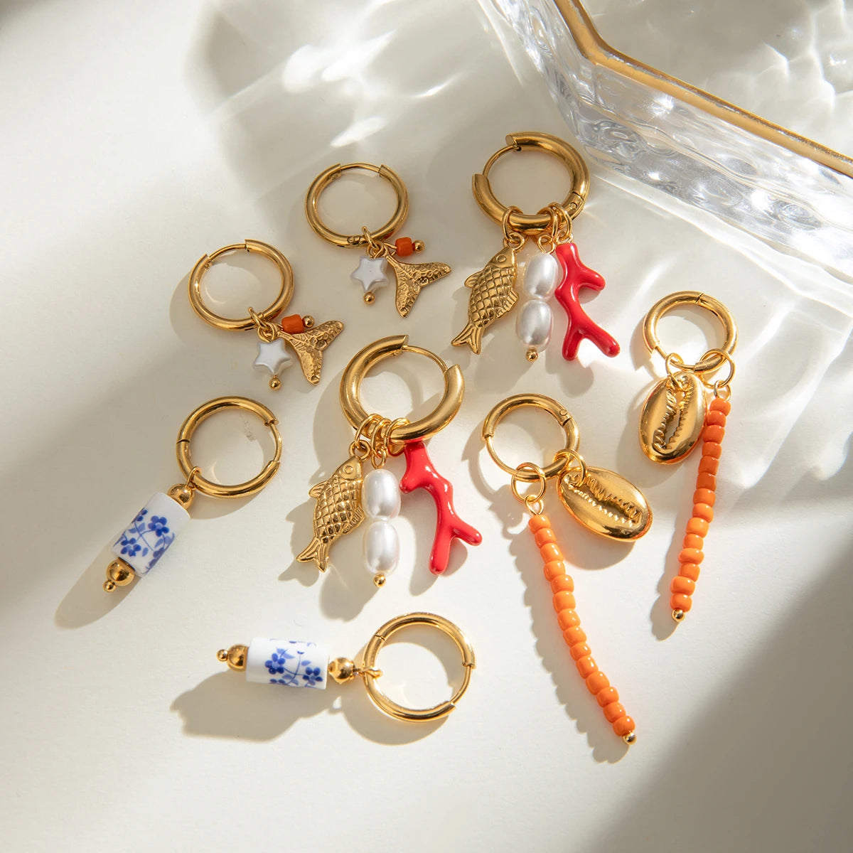 Stilfuld 18K forgyldt rustfrit stål Simple multi-formede vedhængsring øreringe Dame charms Vandtæt smarte smykker