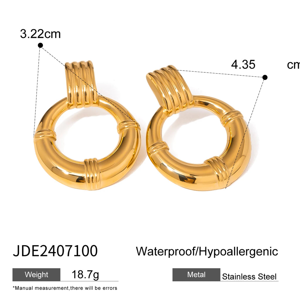 18K PVD Plated Vintage Metal Texture Circle Round Hollow Rib Earrings Stainless Steel Women Prevent Allergy Stylish Jewelry