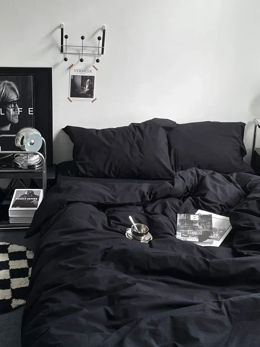 Hot Sale Washed Cotton Black Comforter Bedding Sets Soft Skin-friendly Black Duvet Cover Sets Bedroom Bed Cover Set