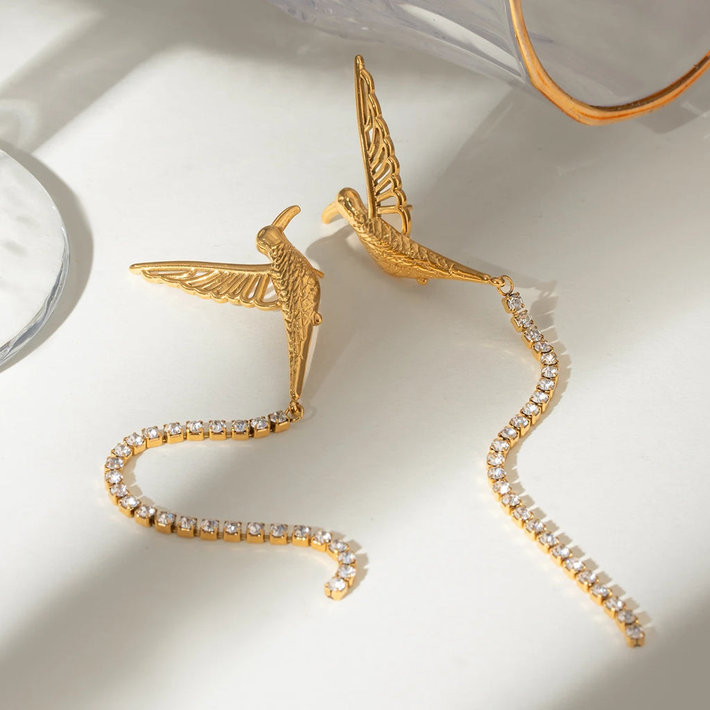 18K vergoldete Edelstahl-Friedens-Taubenflügel Ohrringe mit weißen Strass-Tasseln, Damenanhänger, wasserdichter Schmuck, Gala-Geschenk