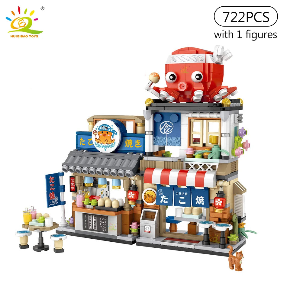 HUIQIBAO City Mini Chinese Street View Grocery Store Meat Shop Building Blocks Japanese Food  Ice Shop Figures Bricks Toys Child
