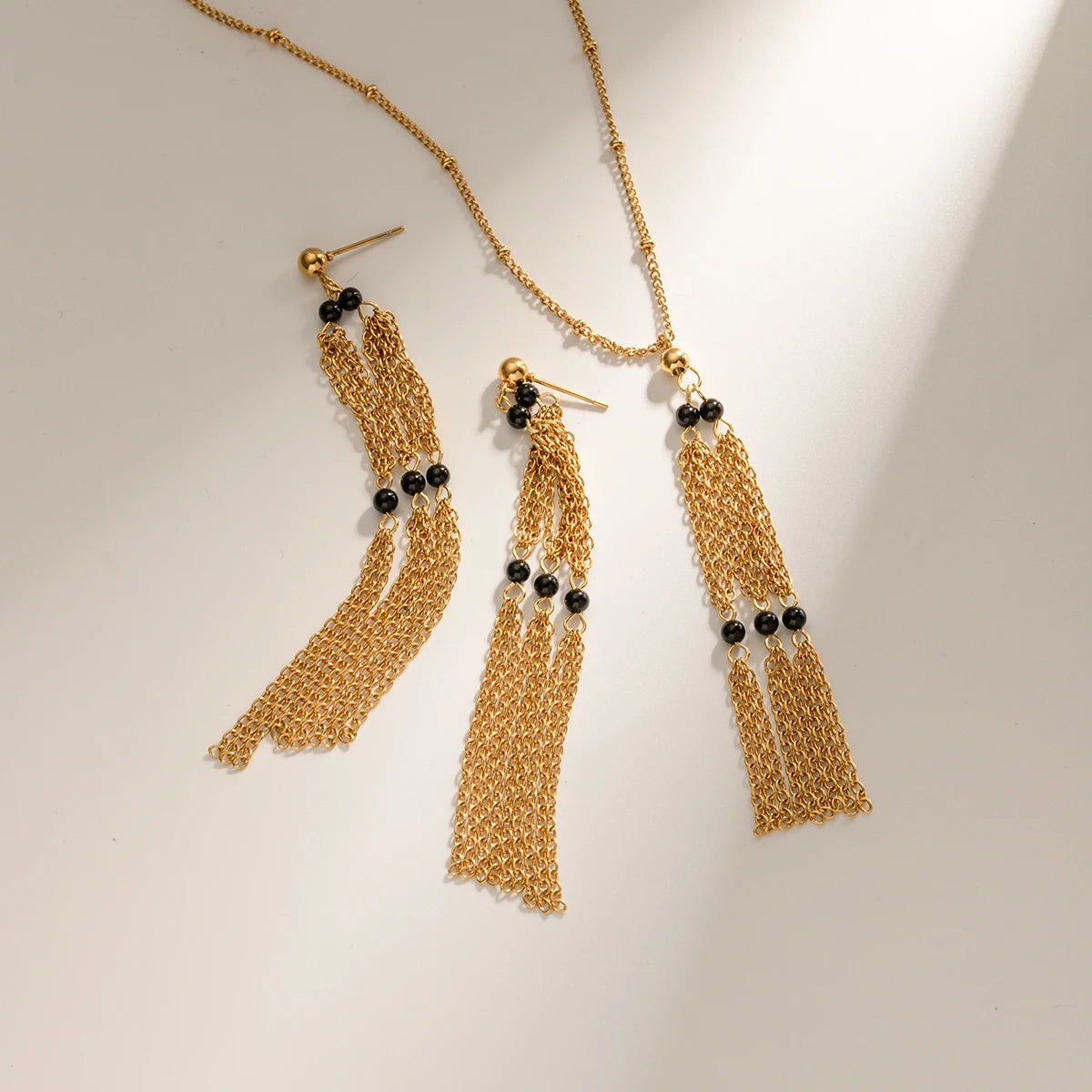 Stainless Steel  Designer Style Natural Stone Fringe Earrings/Pendant Necklace 18K Gold Plated Prevent Allergy Statement Jewelry