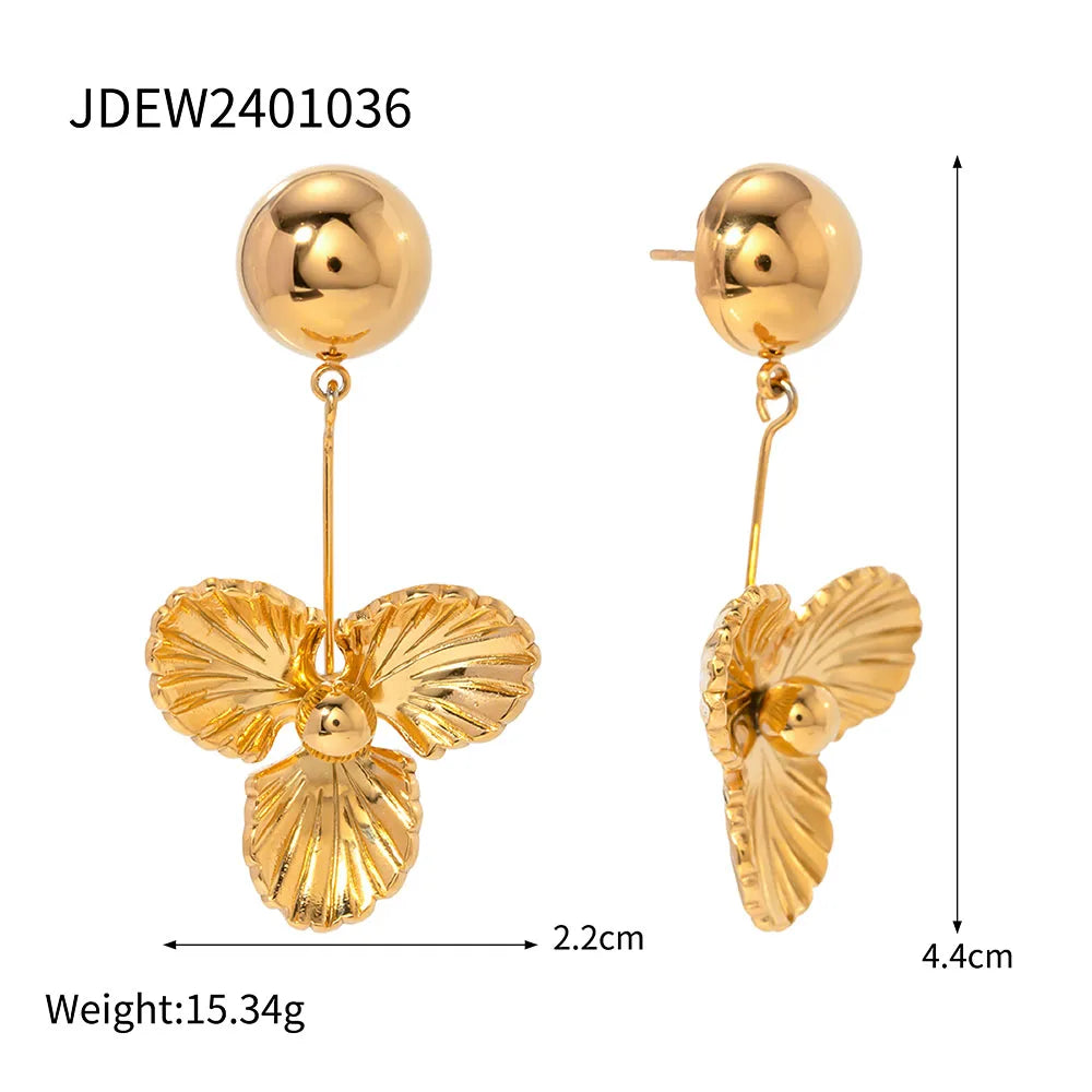 Pendientes colgantes de flor triple hemisférica de personalidad moderna a prueba de óxido de metal de acero inoxidable 18K, joyería elegante e impermeable de nueva tendencia