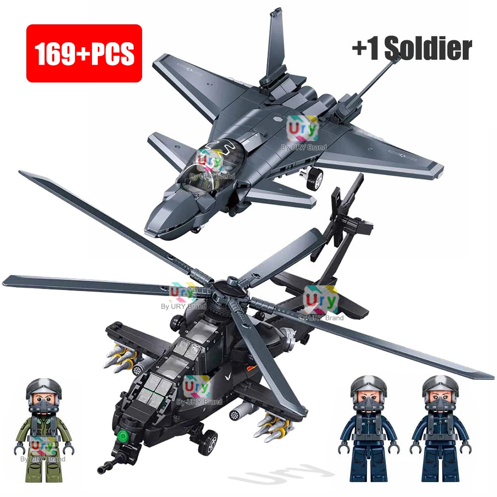 Sluban Military Series WW2 WZ-10S Armed Helicopter J20BS Stealth Fighter Jet Pilots Model Building Blocks Toy for Boy Kids Gift