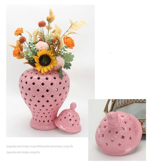 Pink Hollow General Jar Ceramic Ginger Jar Vase Candy Storage Jar Art Decorative Tank Flower Arrangement Home Craft Decoration