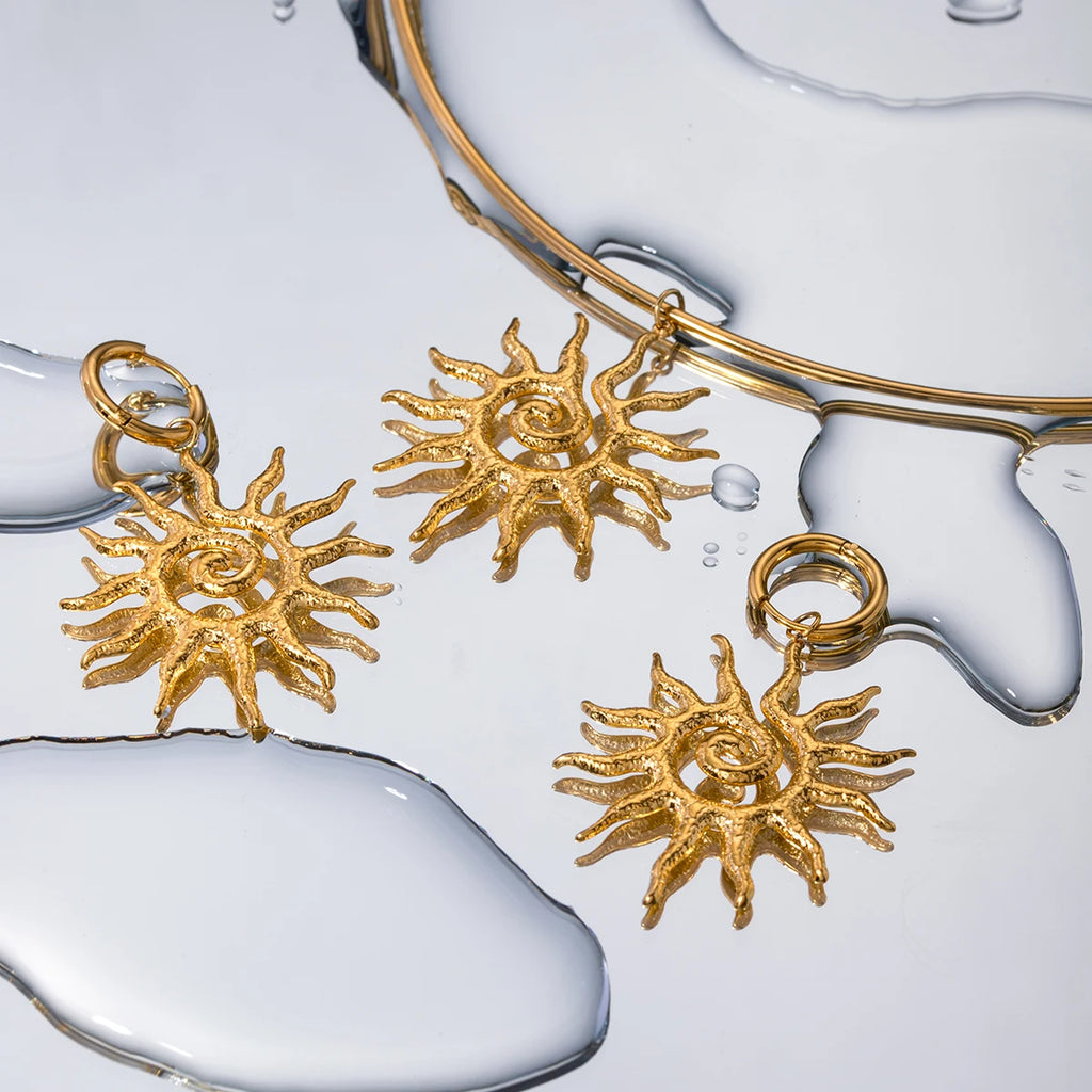 Stainless Steel Geometric Fashion Spiral Sunflower Pendant Necklace/Earrings 18K Gold Plated Prevent Allergy Statement Jewelry - Grand Goldman