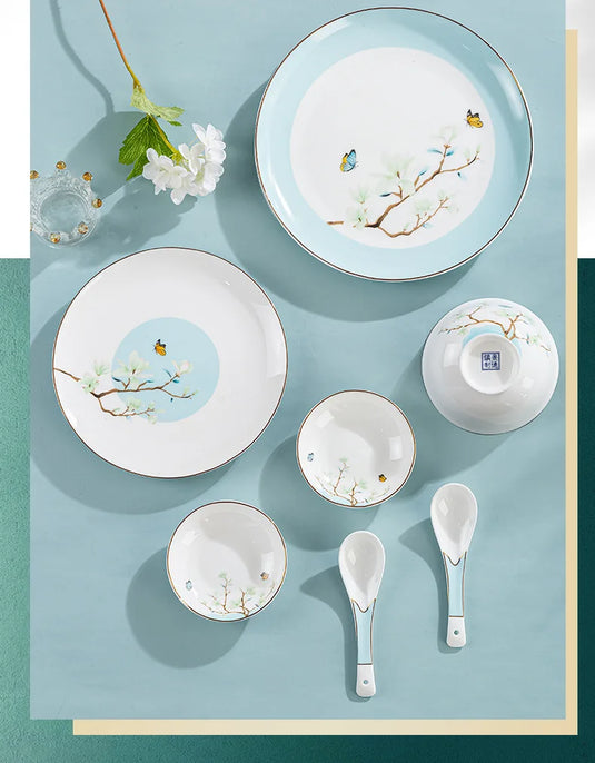 Jingdezhen New Chinese Ceramic Bowls, Dishes, Bone Porcelain Tableware, Bowls, Chopsticks Set, Household Use