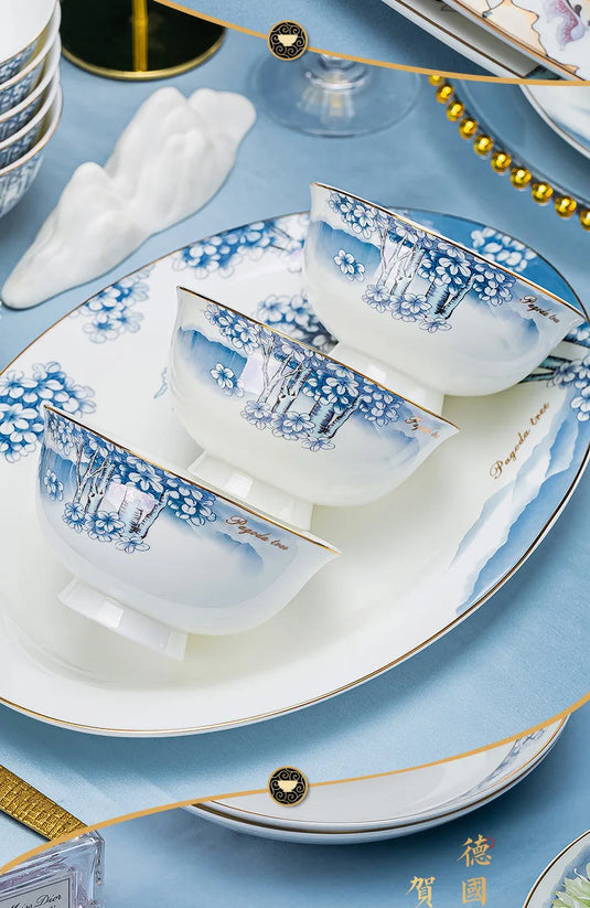 Ensemble complet de bols, plats et assiettes en céramique de Jingdezhen, ensemble de vaisselle en porcelaine bleue et blanche