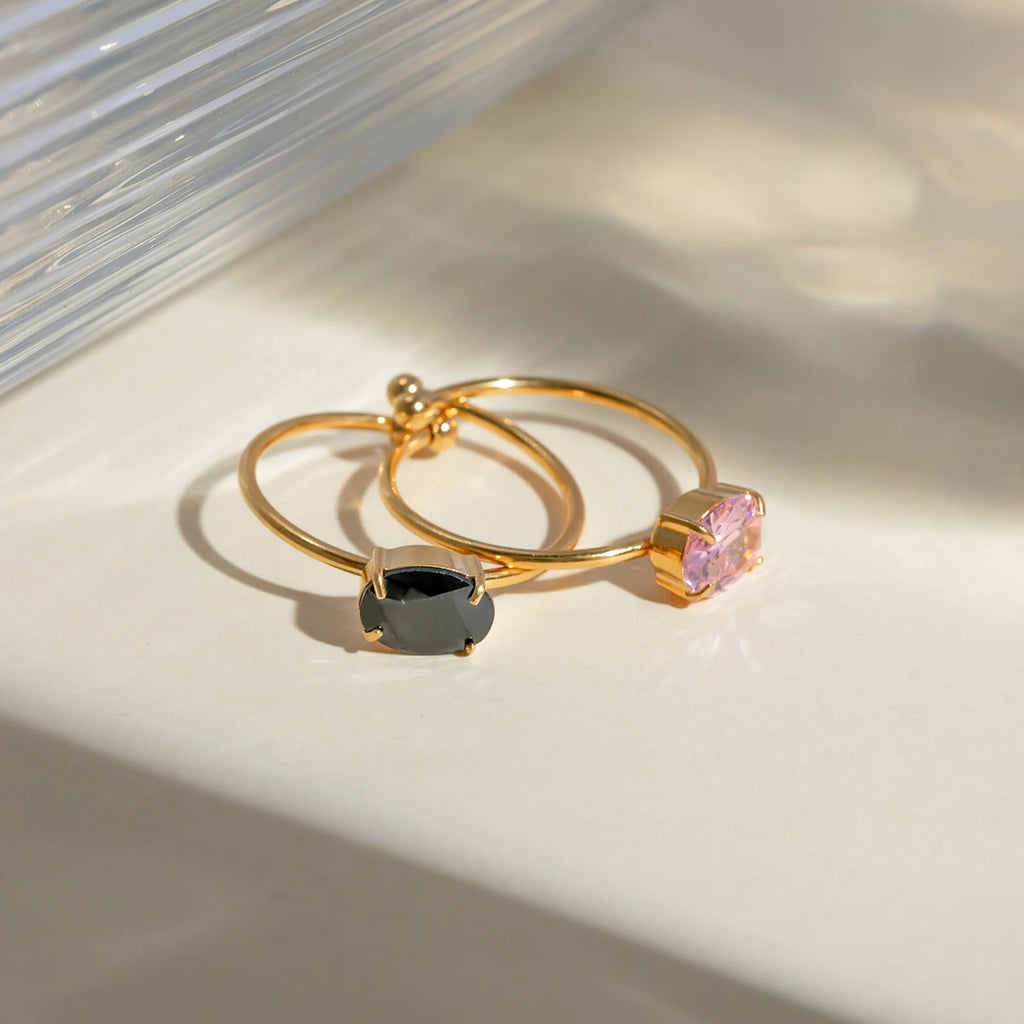 Stilvoller 18k vergoldeter, rostfreier, strukturierter, einfacher, verstellbarer Ring mit Zirkon-Einlage, Charme, Statement, anti-allergisch, Damenschmuck