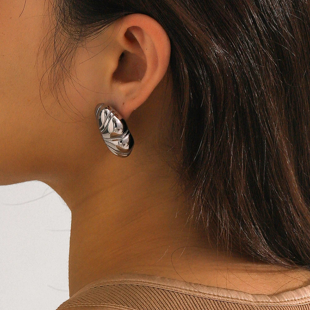18k Plated Anti Allergic Stainless Steel Chubby Croissant Texture Earrings Stylish PVD Free Temperament Charm Jewelry Women - Grand Goldman