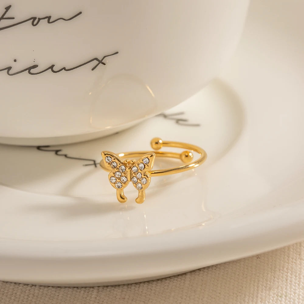 Vintage Stainless Steel Butterfly Inlaid Rhinestone Open Ring Simple Creative Adjustable Jewelry Gift For Women Anillos Mujer