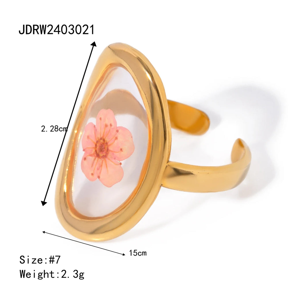 Literary Retro Eternity Flower Design 18K Gold Plated Jewelry Adjustable Stainless Steel Waterproof Ring For Ladies Jewelry Gift
