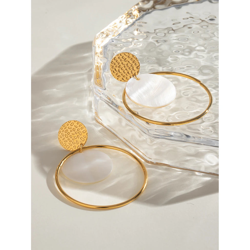 18K Gold Plated Anti Allergic Stainless Steel Hammer Grain Round Shell Hoop Earrings Charm Daily Exquisite Jewelry Bijoux Femme