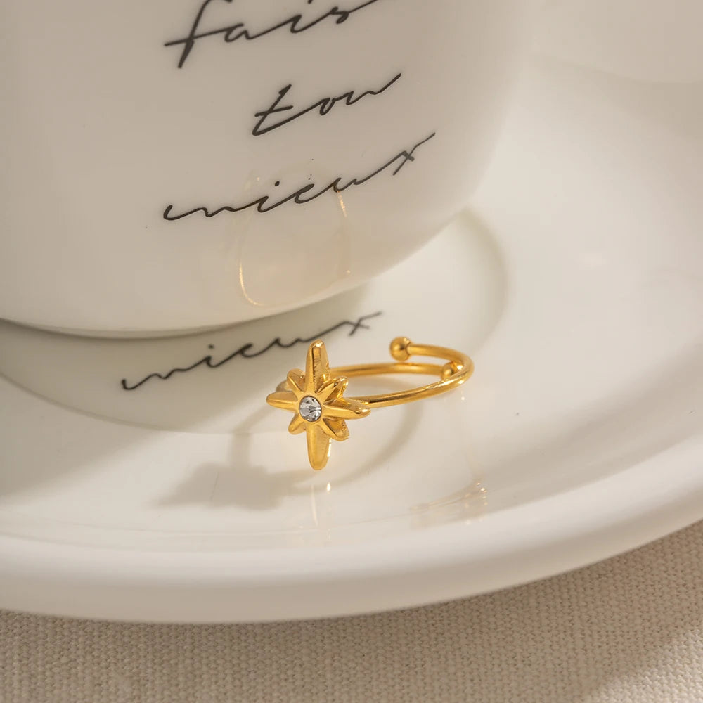 Ny Vintage Octagram Design Sommer 18K guldbelagte smykker Justerbar Rustfrit Stål Vandtæt Ring Til Damer Smykker Gave