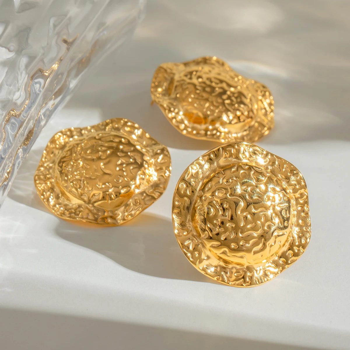 18K Gold Plated Stainless Steel Personality Niche Hammer Grain Hat Earrings Open Ring Delicate Water Resistant Daily Jewelry