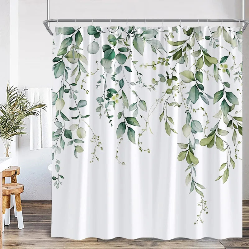 Blue Leaves Shower Curtain Watercolour Plant Eucalyptus Leaf Modern Simple Home Bathroom Decor Fabric Bath Curtains With Hooks