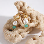 Elegante 18k vergoldete Edelstahl-Ohrringe mit Imitationsperlen und grünem Naturstein, Damen, allergiepräventiver Schmuck