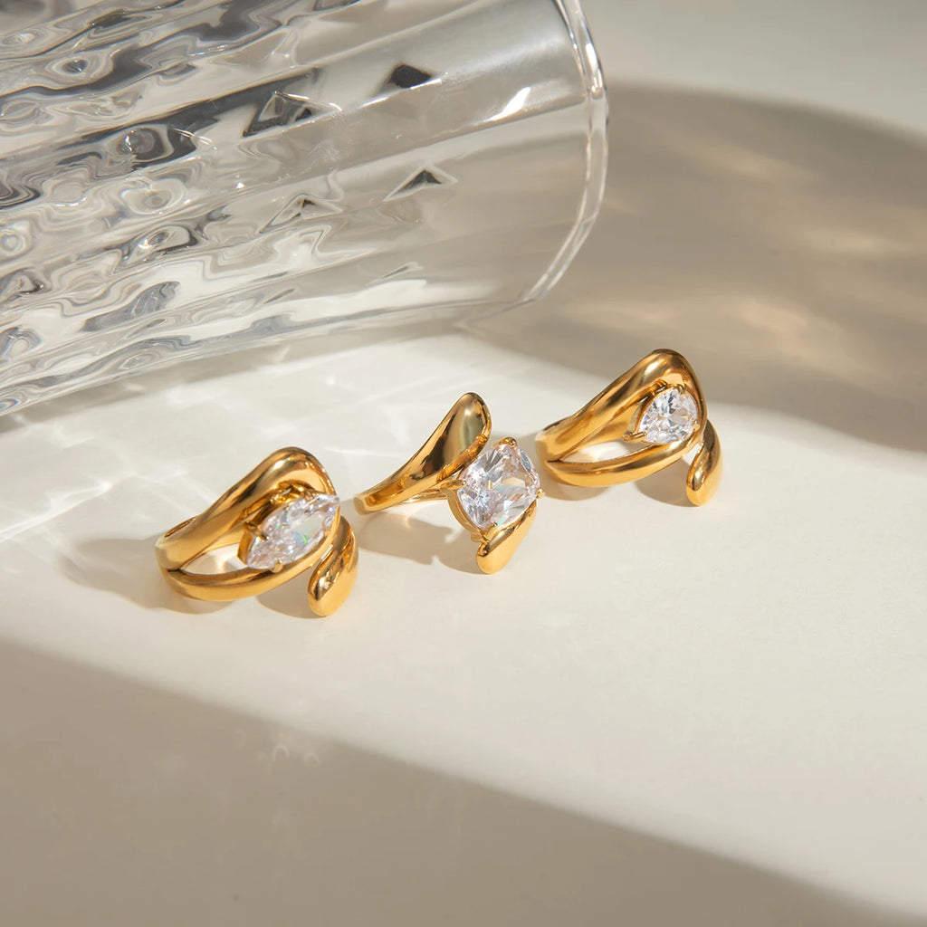 18K Gold Plated Stainless Steel Big Opening Ring Inlay Water Drop Shaped Zircon Anti Allergic Metal Statement Jewelry Women